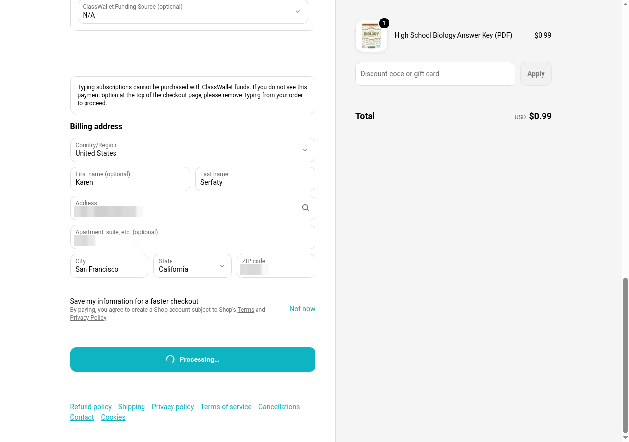 The checkout after Pay now: the button reads Processing while the card request is held