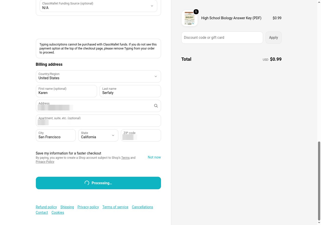 The checkout after Pay now: the button reads Processing while the card request is held