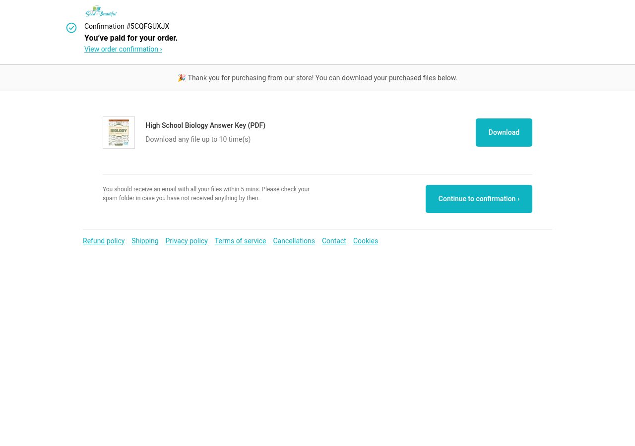 Shopify's thank-you page: Confirmation #5CQFGUXJX, You've paid for your order, and the PDF ready to download