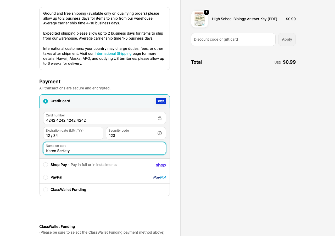 Shopify's card fields filled with the placeholder card, Pay now below