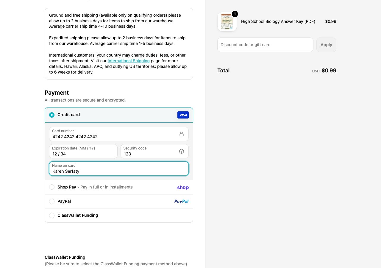 Shopify's card fields filled with the placeholder card, Pay now below