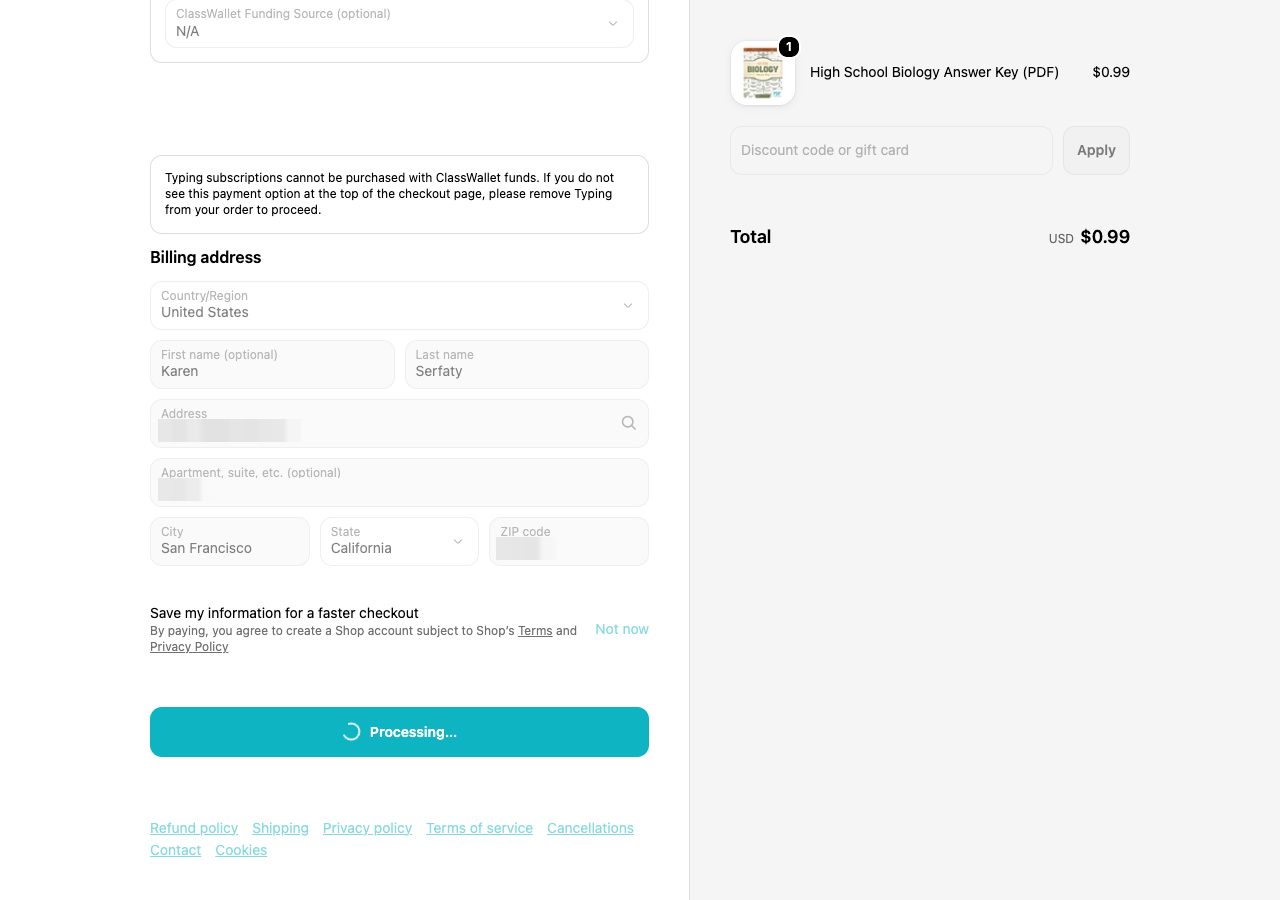 Headless Chrome between the two approvals: the checkout still on Processing, the second card request held