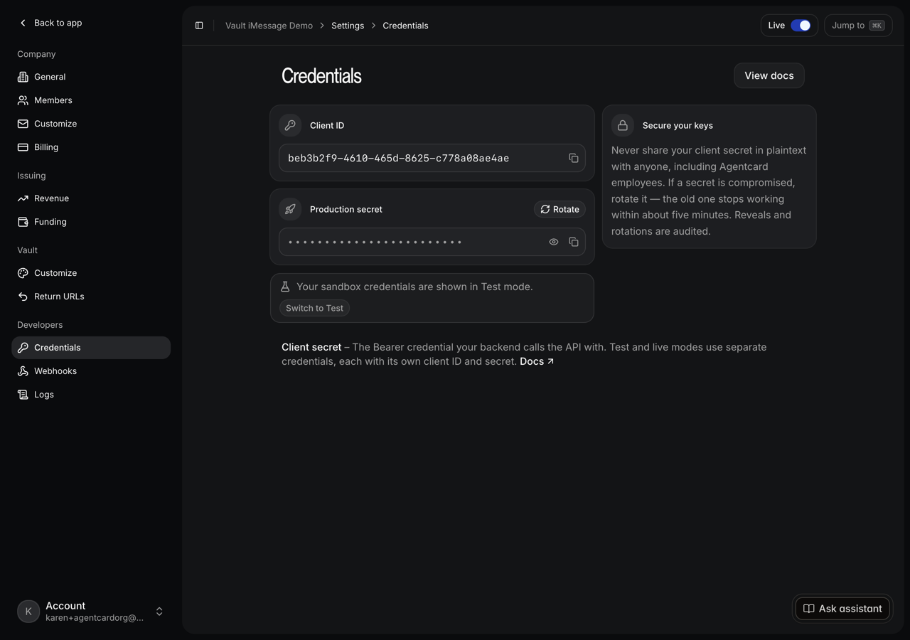 Settings → Developers → Credentials in Live mode: the production client id and secret
