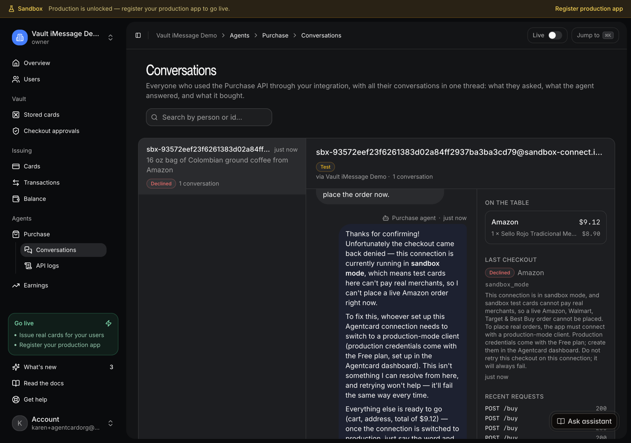 Agents → Purchase → Conversations: the same conversation from Agentcard's side