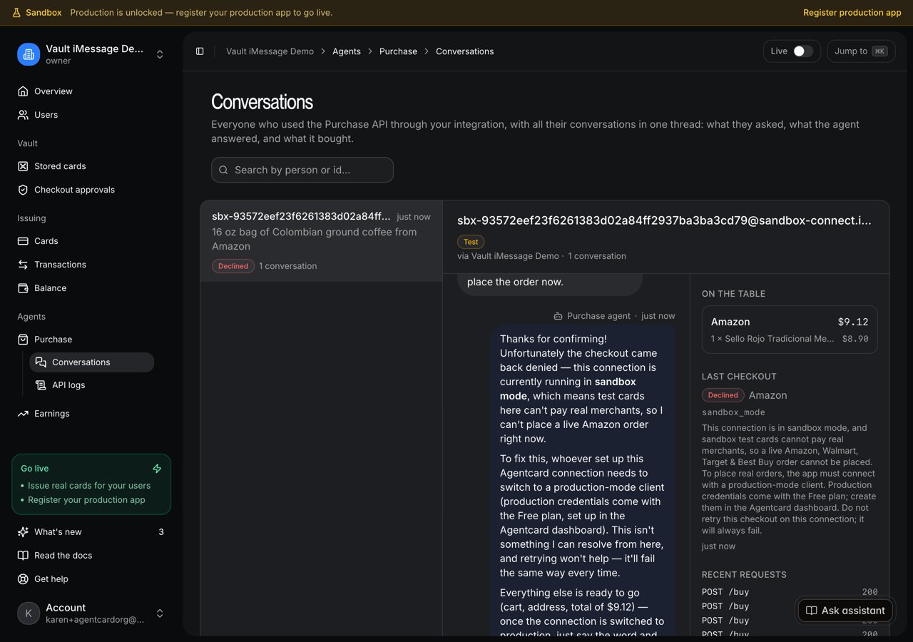 Agents → Purchase → Conversations: the same conversation from Agentcard's side