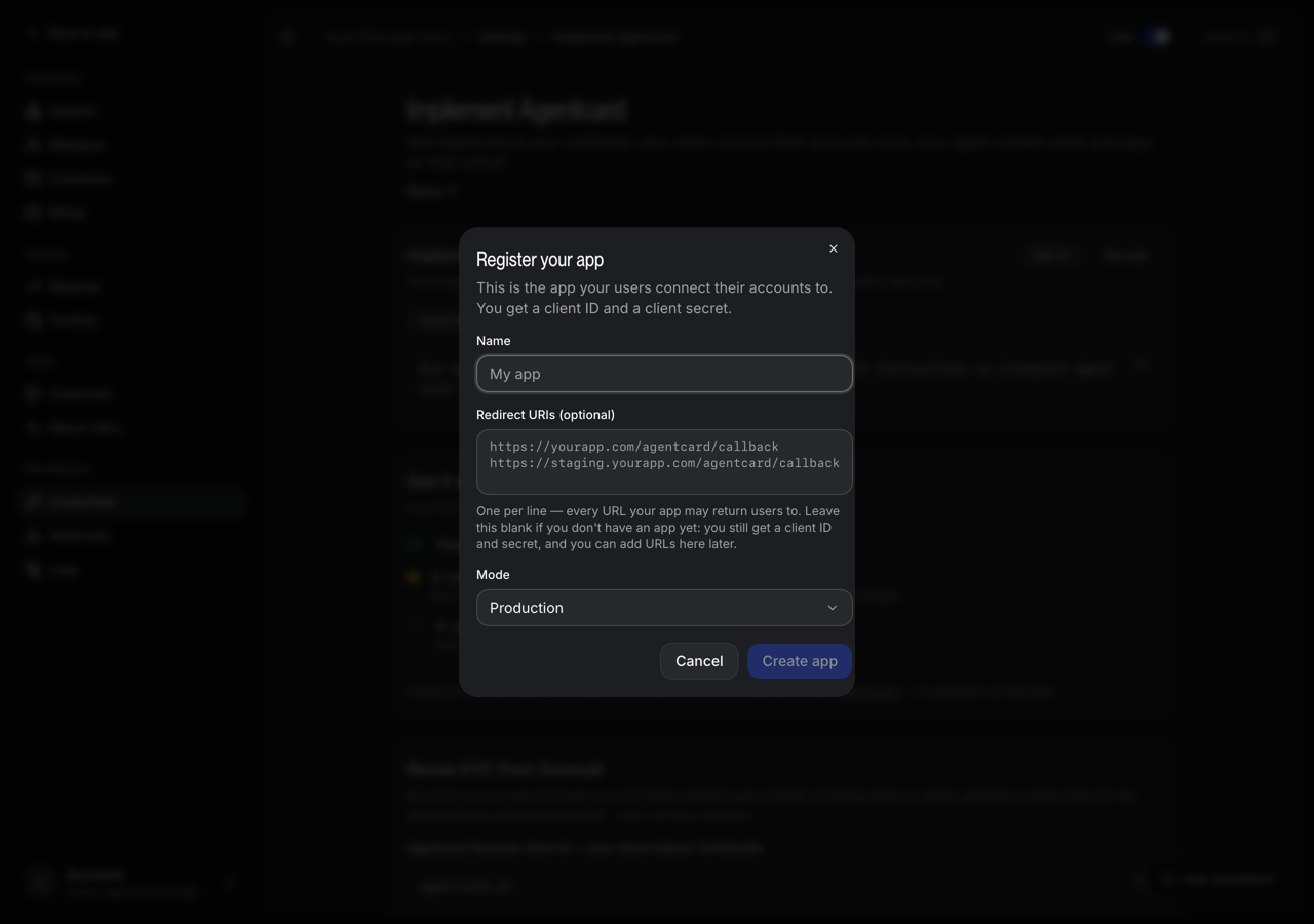 Register your app: the production client is created here, once