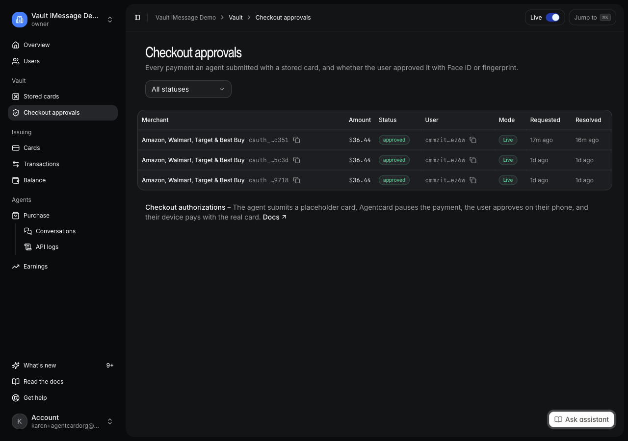 Vault → Checkout approvals: every approval link the agent sent, and whether the user approved it