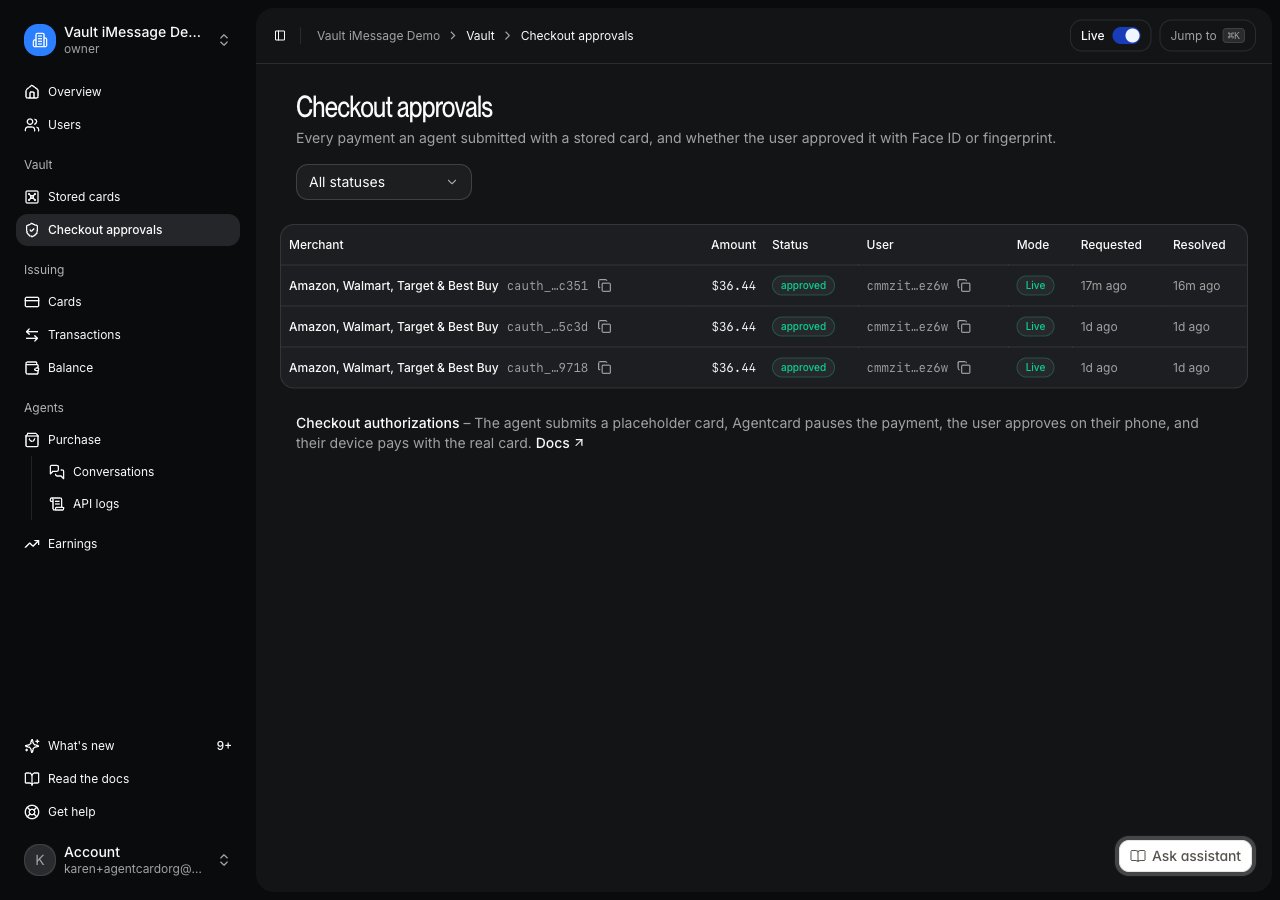Vault → Checkout approvals: every approval link the agent sent, and whether the user approved it