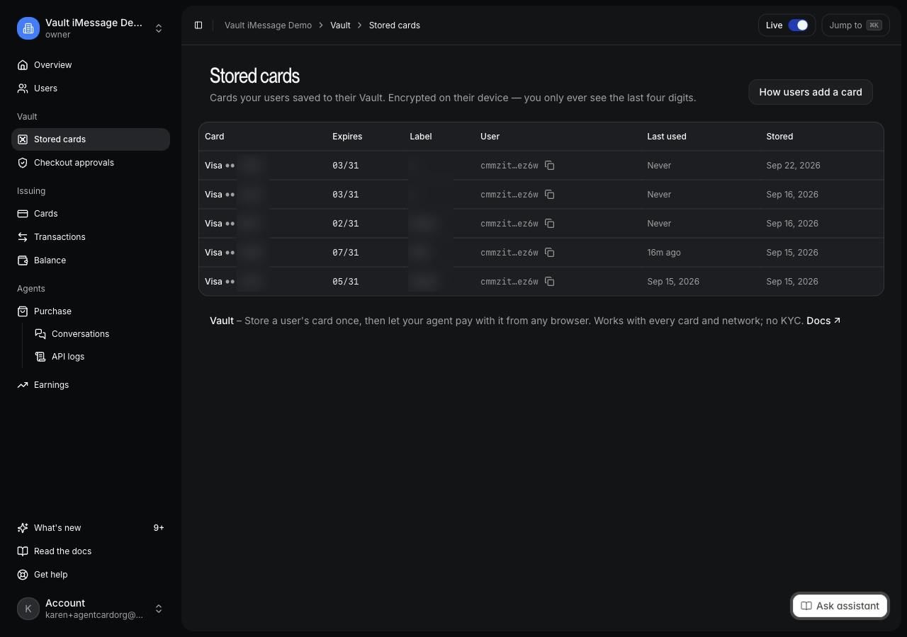 Vault → Stored cards in the dashboard: the same list list_cards reads per user