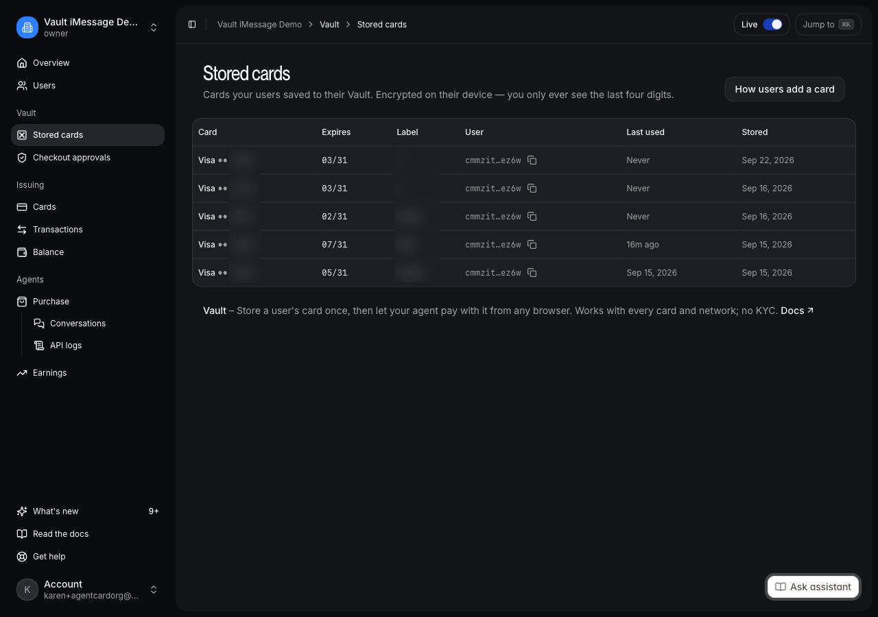Vault → Stored cards in the dashboard: the same list list_cards reads per user
