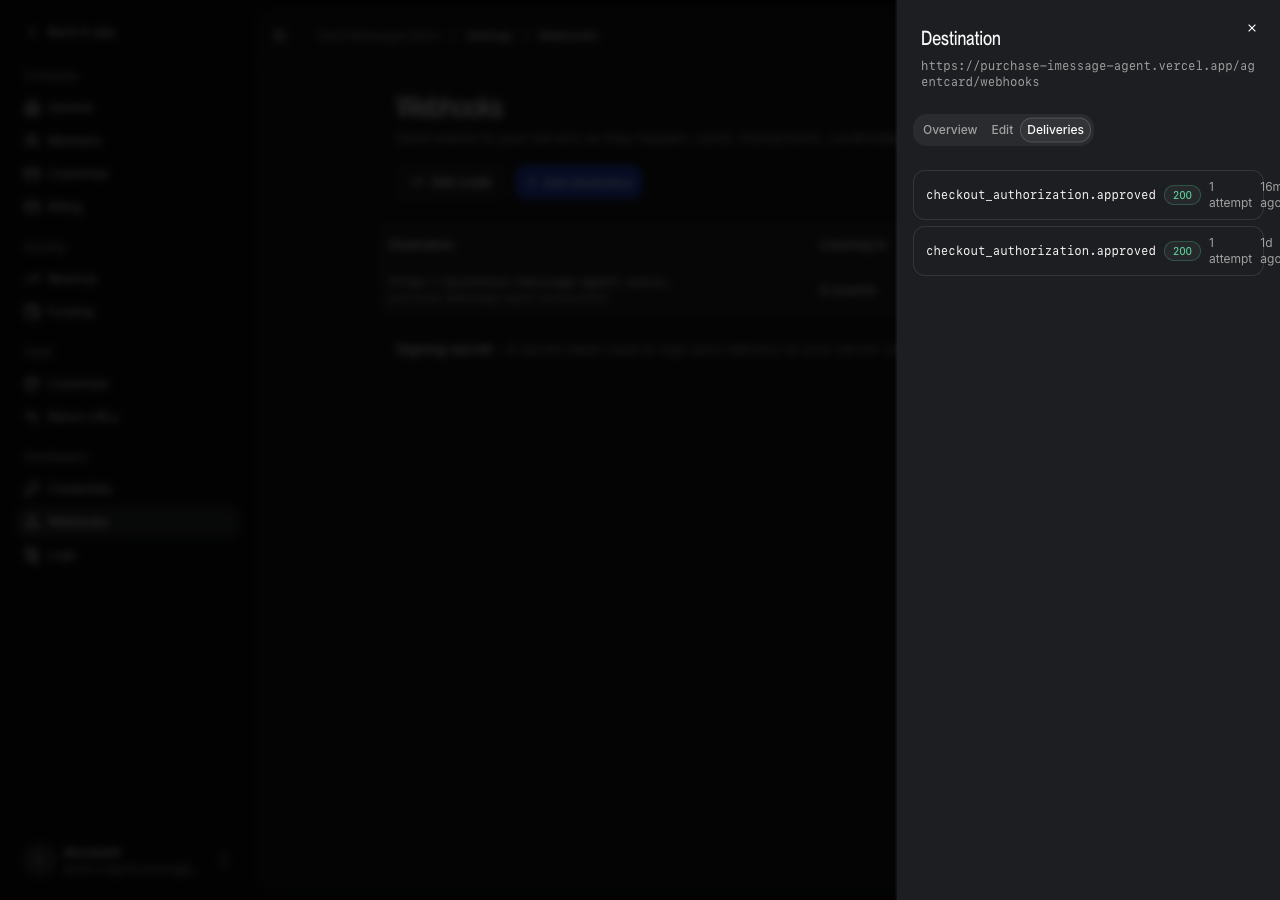 Settings → Developers → Webhooks → Deliveries: checkout_authorization.approved delivered to the agent, 200