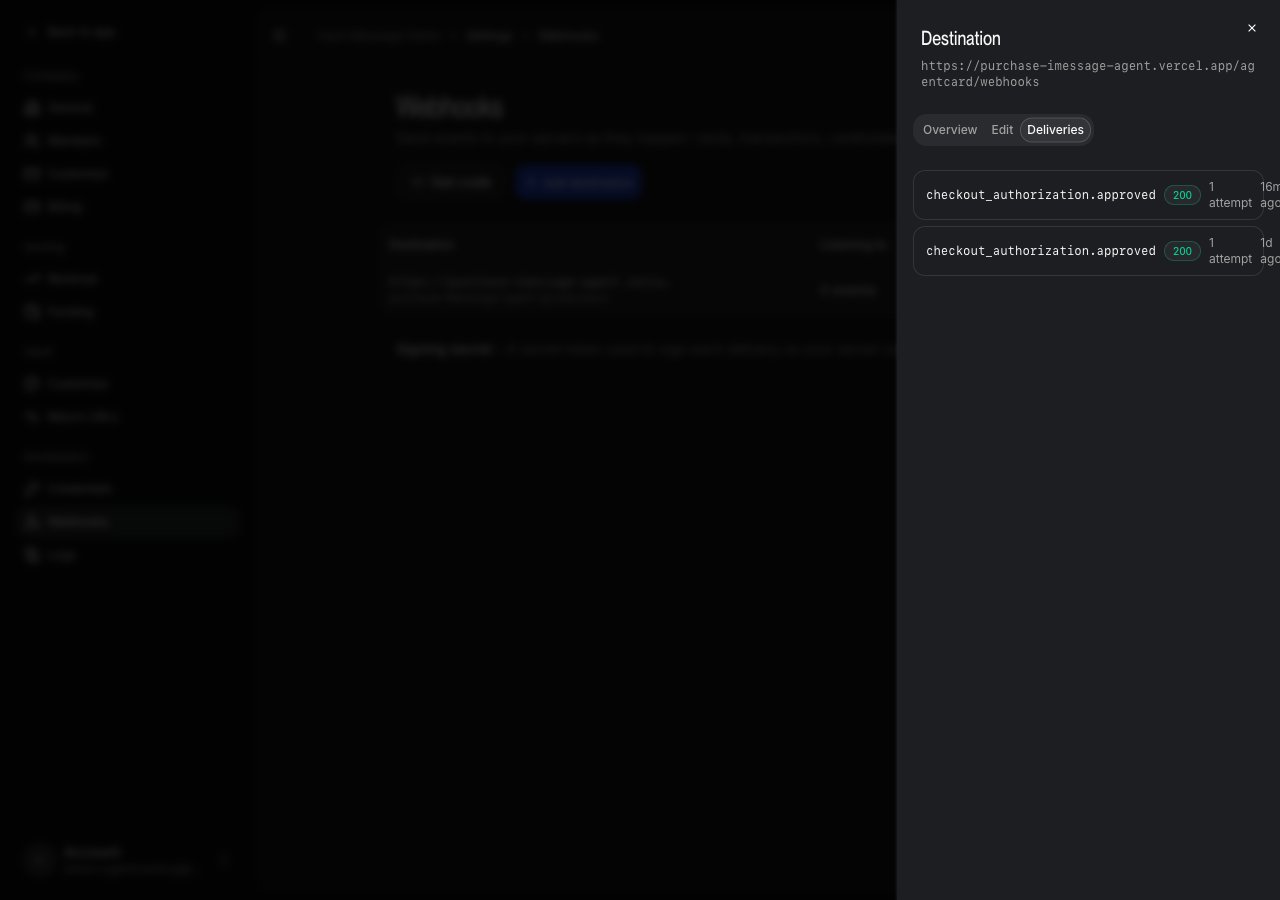 Settings → Developers → Webhooks → Deliveries: checkout_authorization.approved delivered to the agent, 200