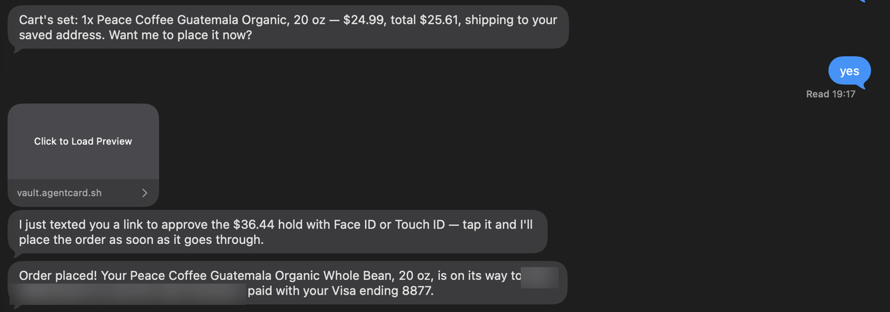 The confirm, the approval link alone in its own bubble, and the order reported after the webhook, with nothing typed in between