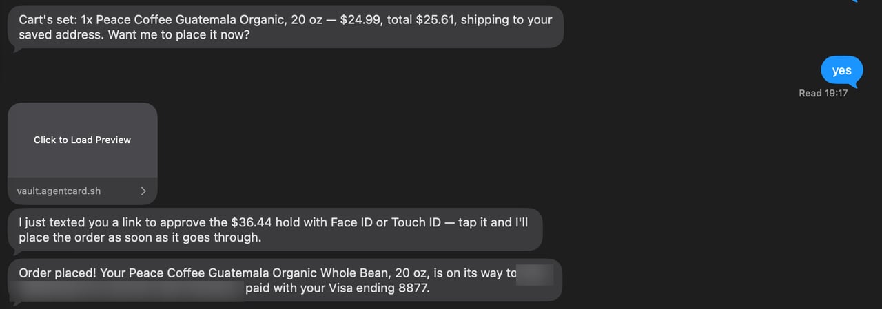 The confirm, the approval link alone in its own bubble, and the order reported after the webhook, with nothing typed in between
