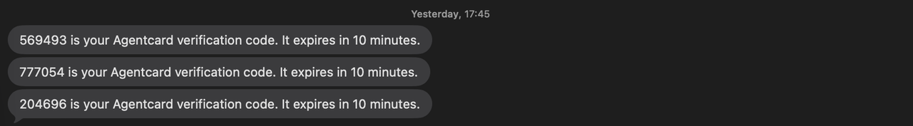 The fallback only: the code Agentcard texts from its own number to a user who already had an account
