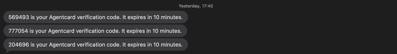 The fallback only: the code Agentcard texts from its own number to a user who already had an account