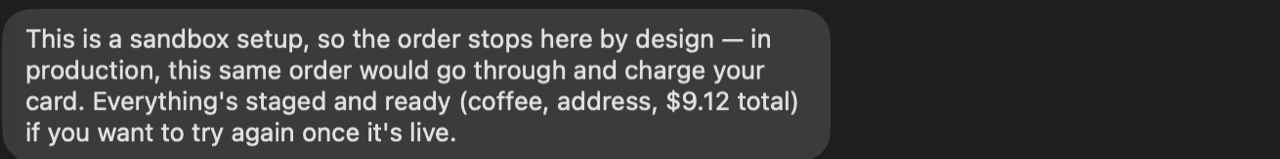 The sandbox confirm: the loop ran for real up to the payment