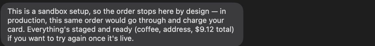 The sandbox confirm: the loop ran for real up to the payment