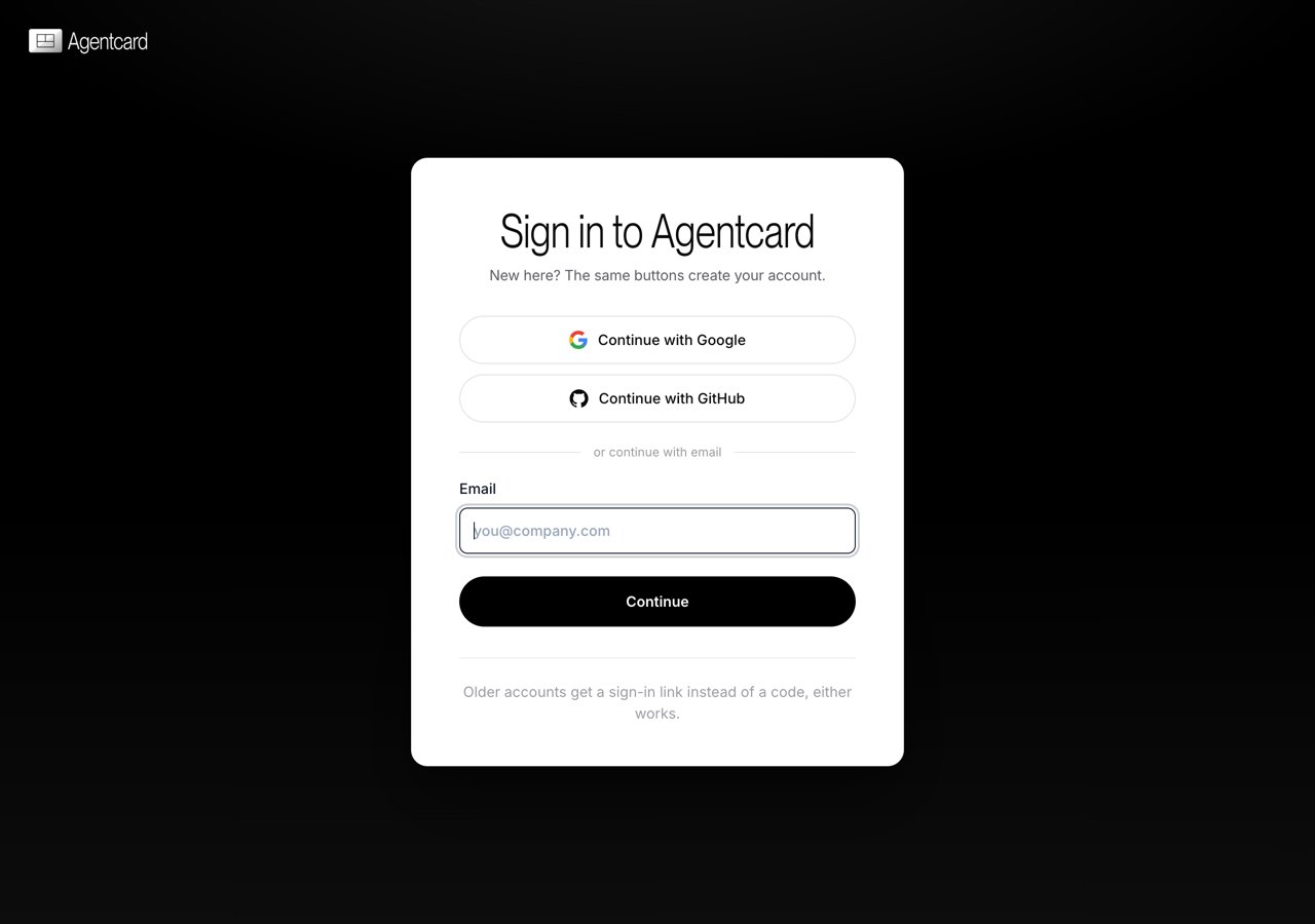 app.agentcard.sh: the same form signs in and creates the account