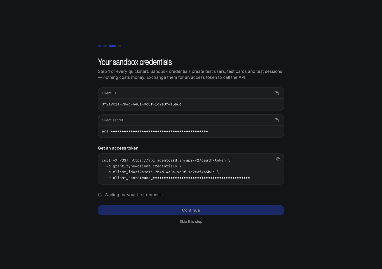 Your sandbox credentials: copy both values now