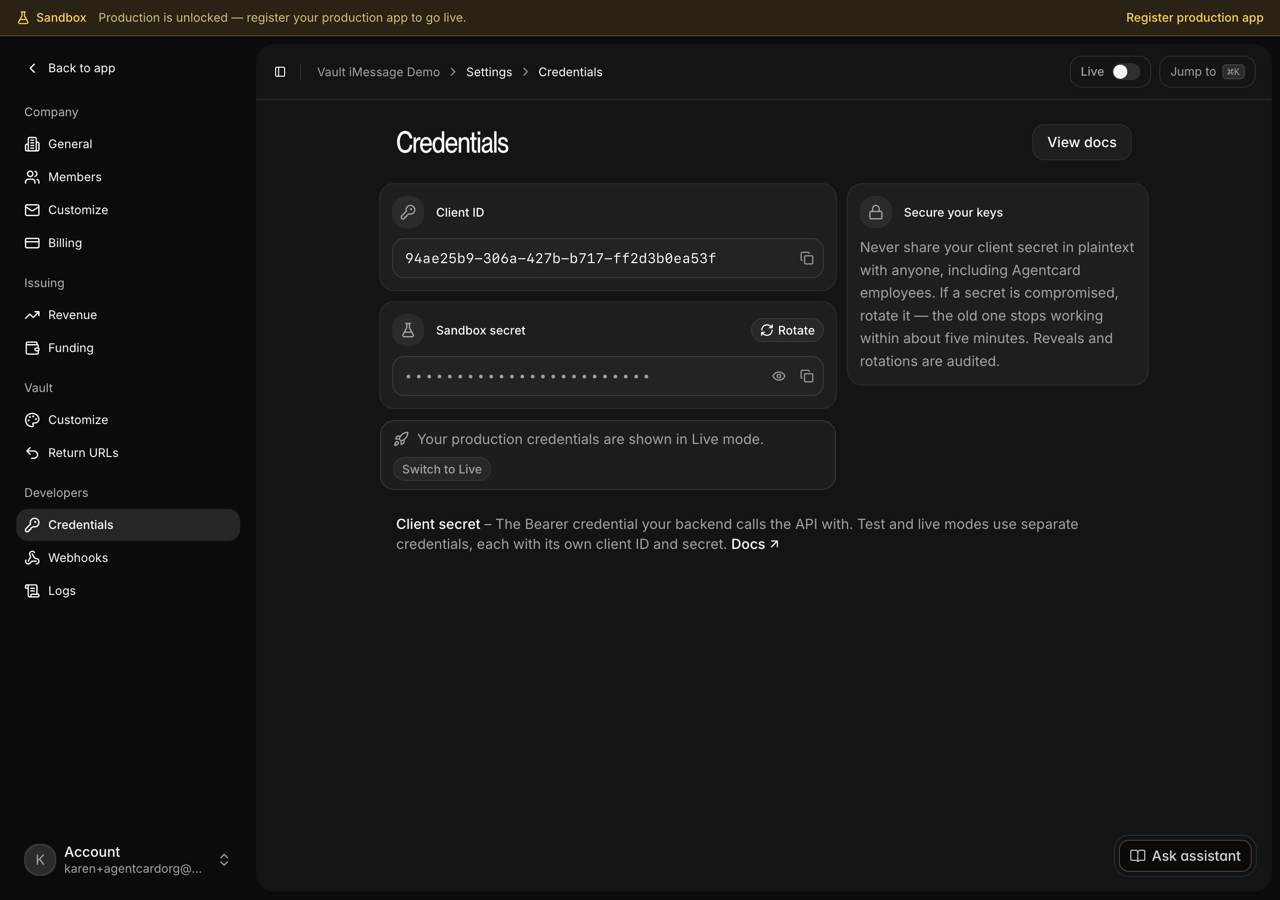 Settings → Developers → Credentials, where the client id and secret live after onboarding