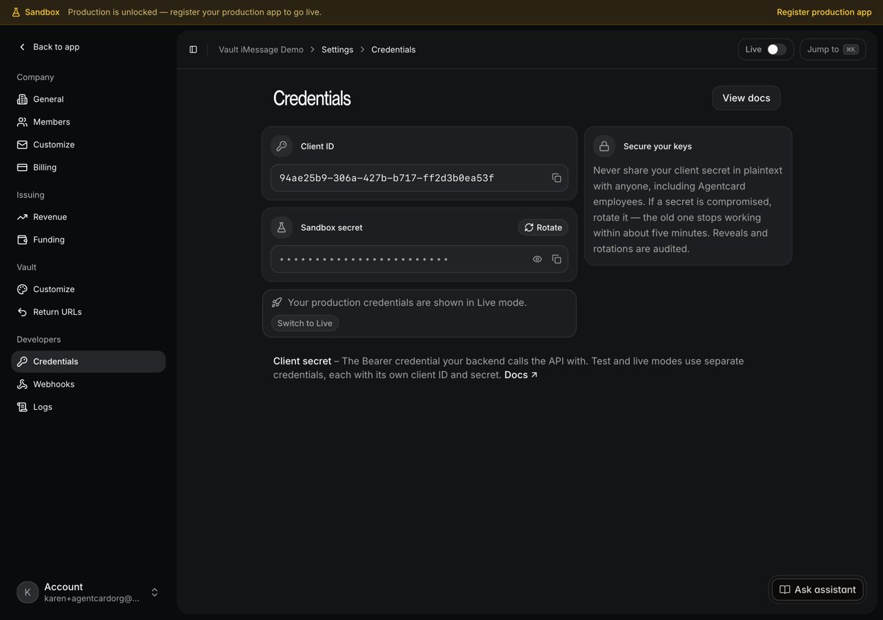 Settings → Developers → Credentials, where the client id and secret live after onboarding
