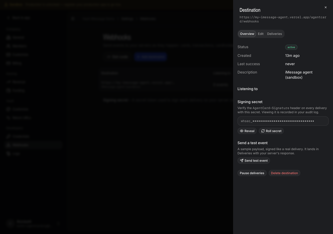 Settings → Developers → Webhooks: the endpoint, its secret, a test event, and the deliveries log