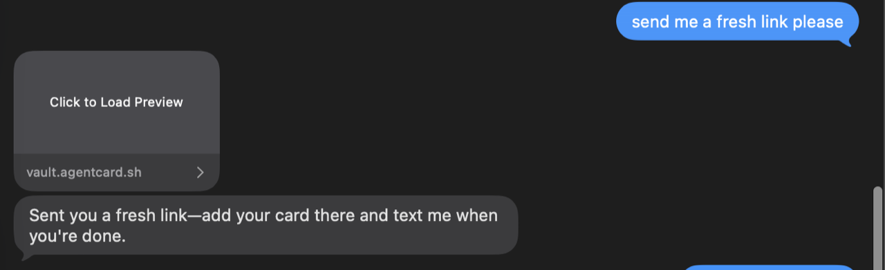The link arrives as its own bubble, then the agent's sentence