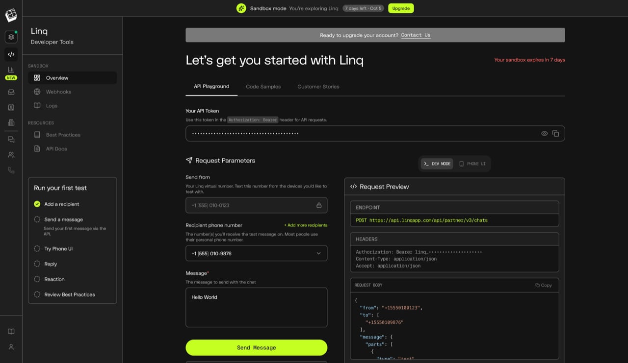 Developer Tools: the API token (Show token reveals it) and the Send from number