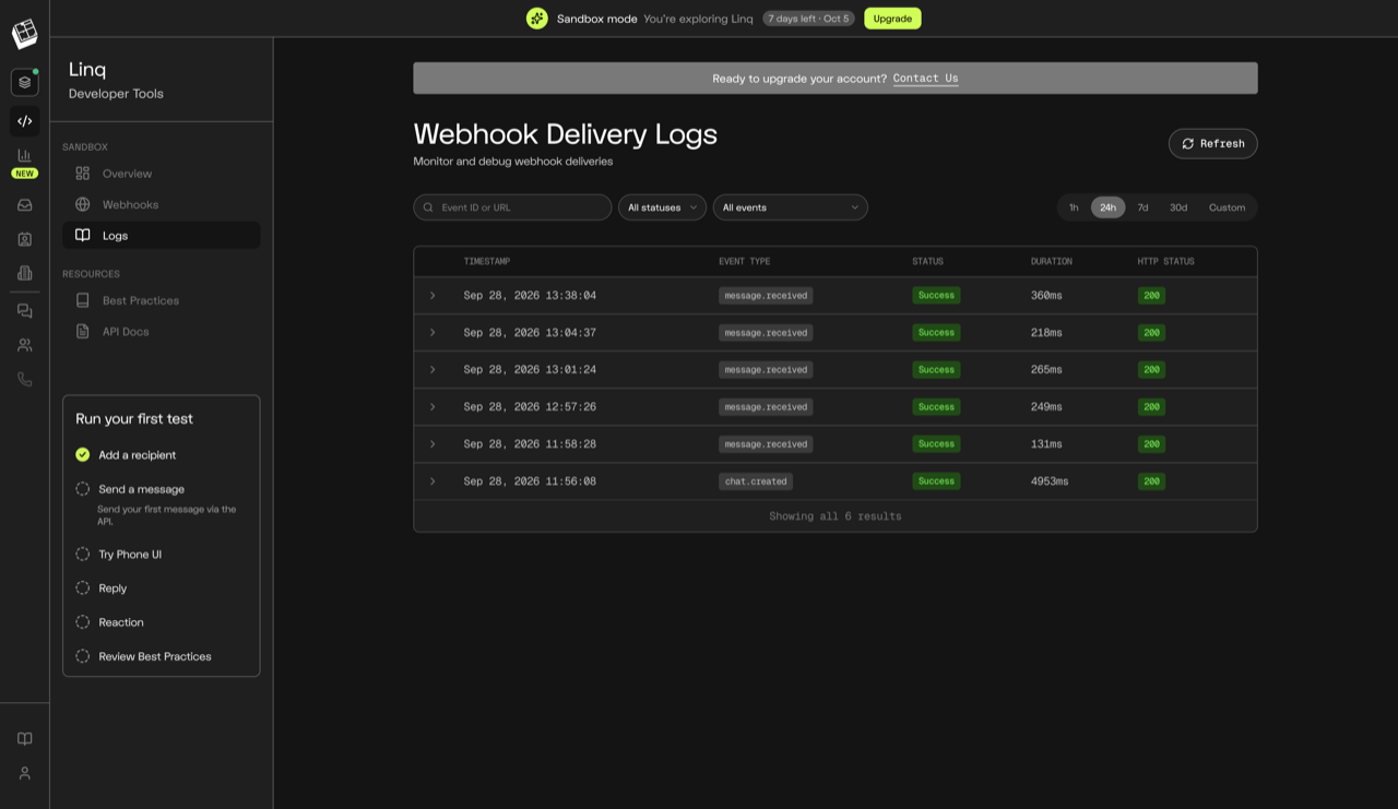 Linq's Webhook Delivery Logs: one row per text, with the HTTP status your agent returned