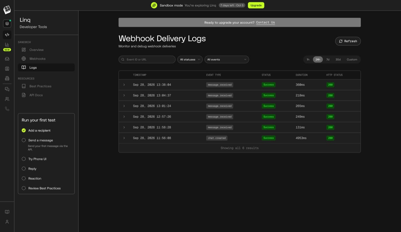 Linq's Webhook Delivery Logs: one row per text, with the HTTP status your agent returned