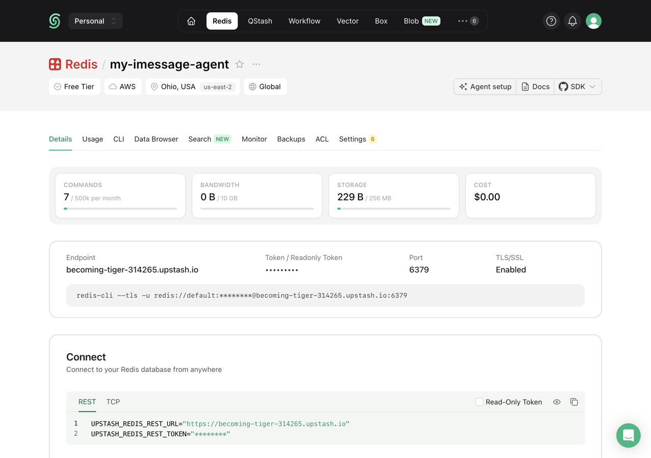An Upstash Redis database: the REST endpoint and token are what the agent needs
