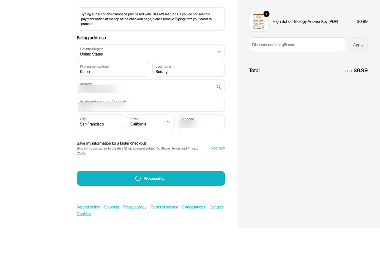The checkout in the Browser Use browser after Pay now: the button reads Processing while the card request is held, the total 99 cents
