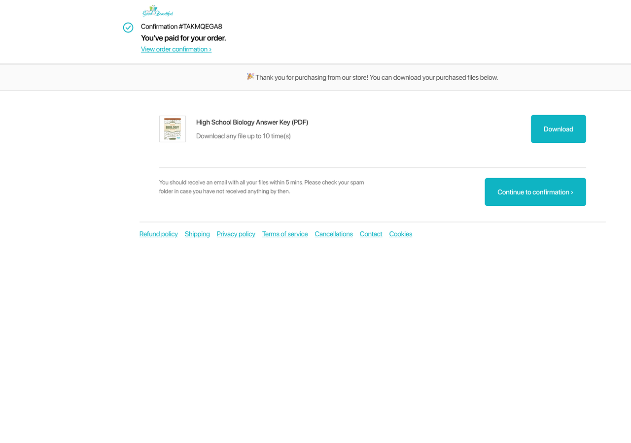 Shopify's thank-you page in the Browser Use browser: Confirmation #TAKMQEGA8, You've paid for your order, and the PDF ready to download