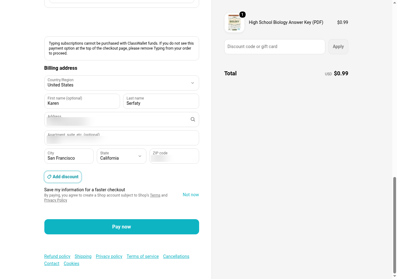 The checkout filled in from the Browserbase session: email, credit card selected, billing address, and the order summary with the total