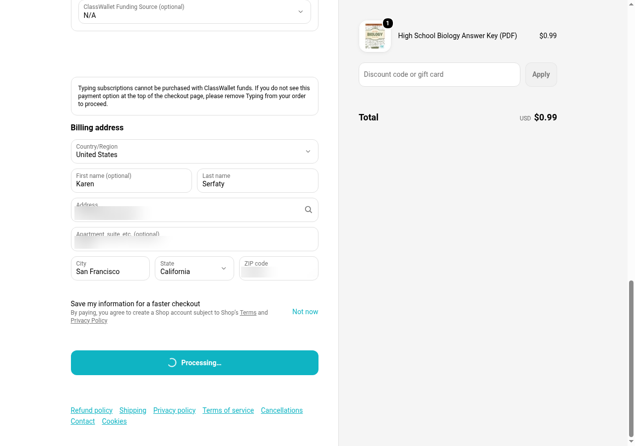 The checkout after Pay now in the Browserbase session: the button reads Processing while the card request is held