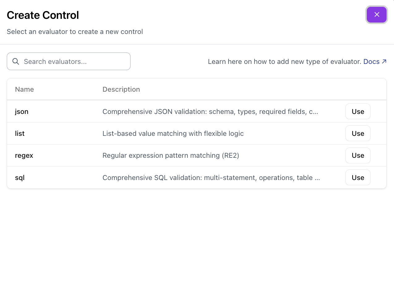Select the control type to create
