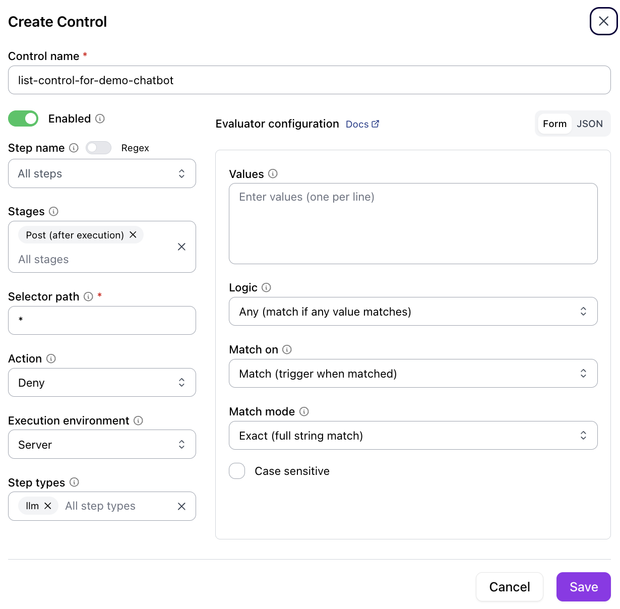 Configure the selected control type