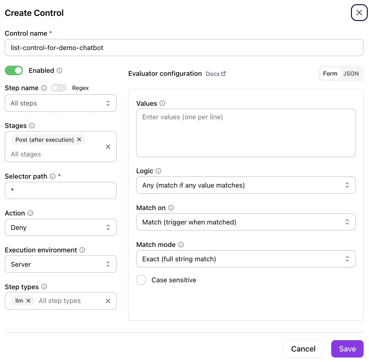 Configure the selected control type