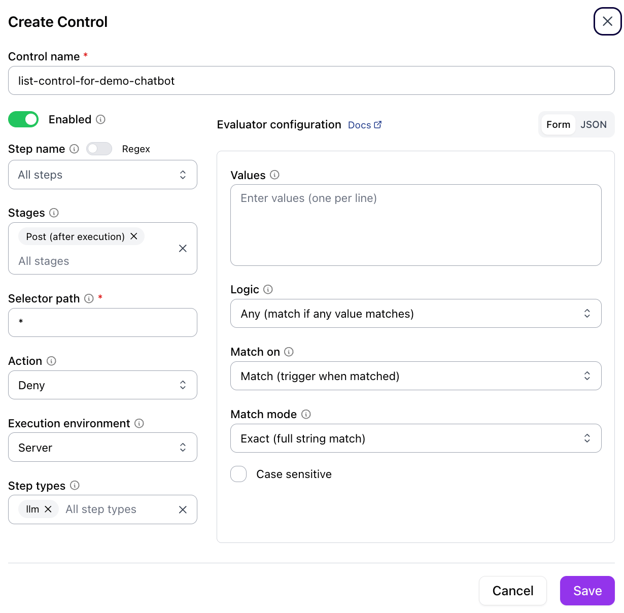Configure the selected control type