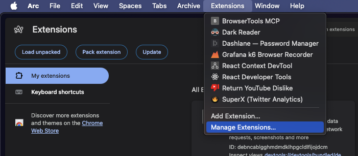 Open the Manage Extensions Screen