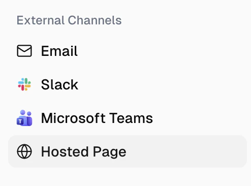 External Channels sidebar showing Email, Slack, Microsoft Teams, and Hosted Page options