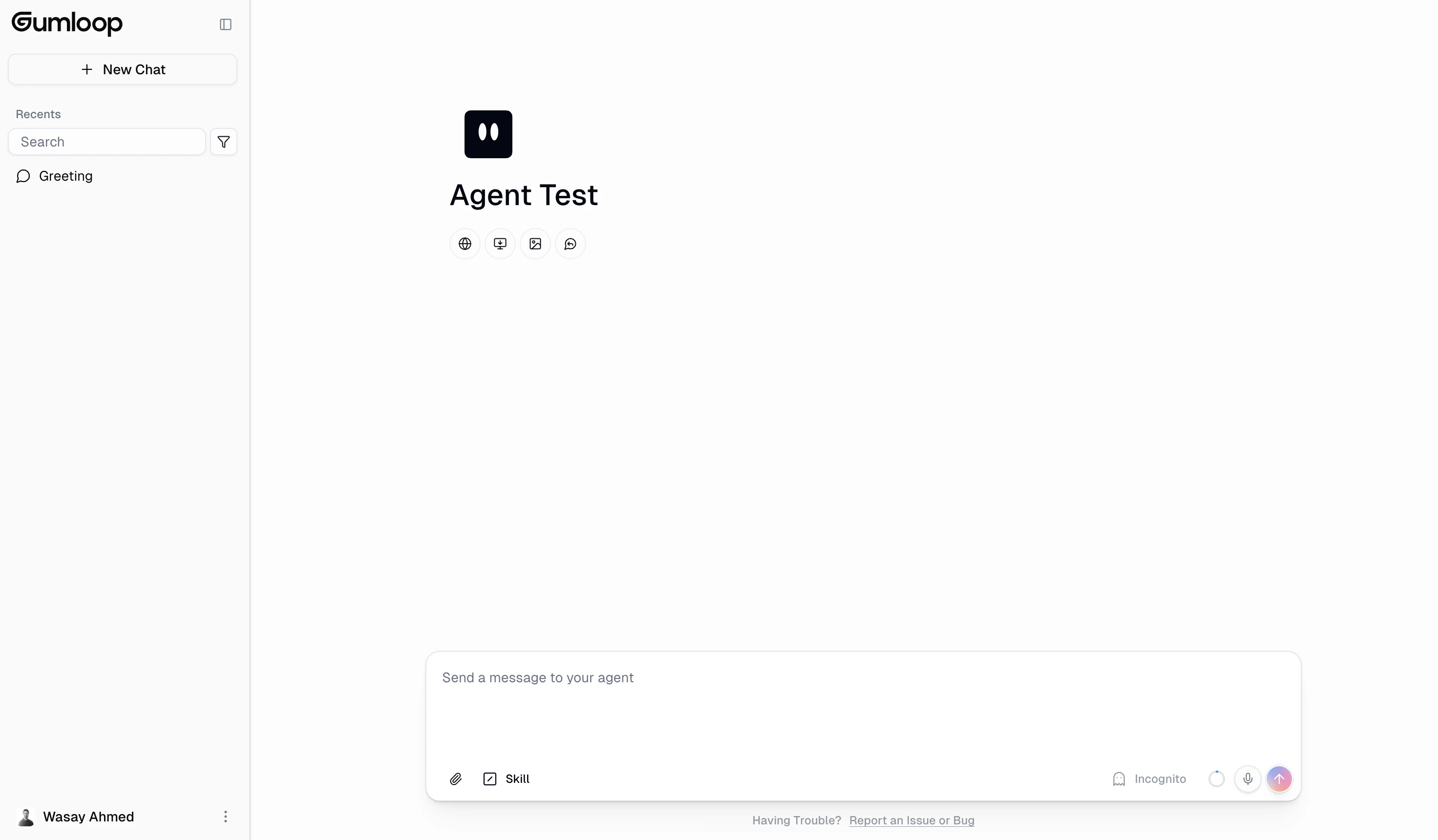 Hosted page chat interface showing the agent name, tools, and message input