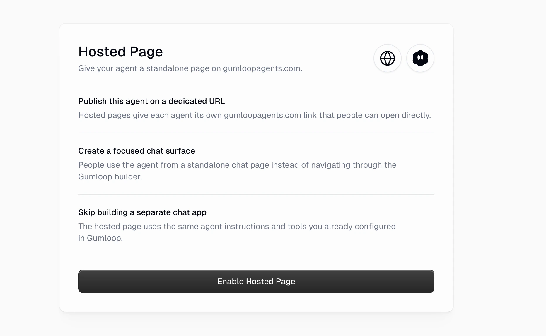 Hosted Page setup page showing benefits and Enable Hosted Page button