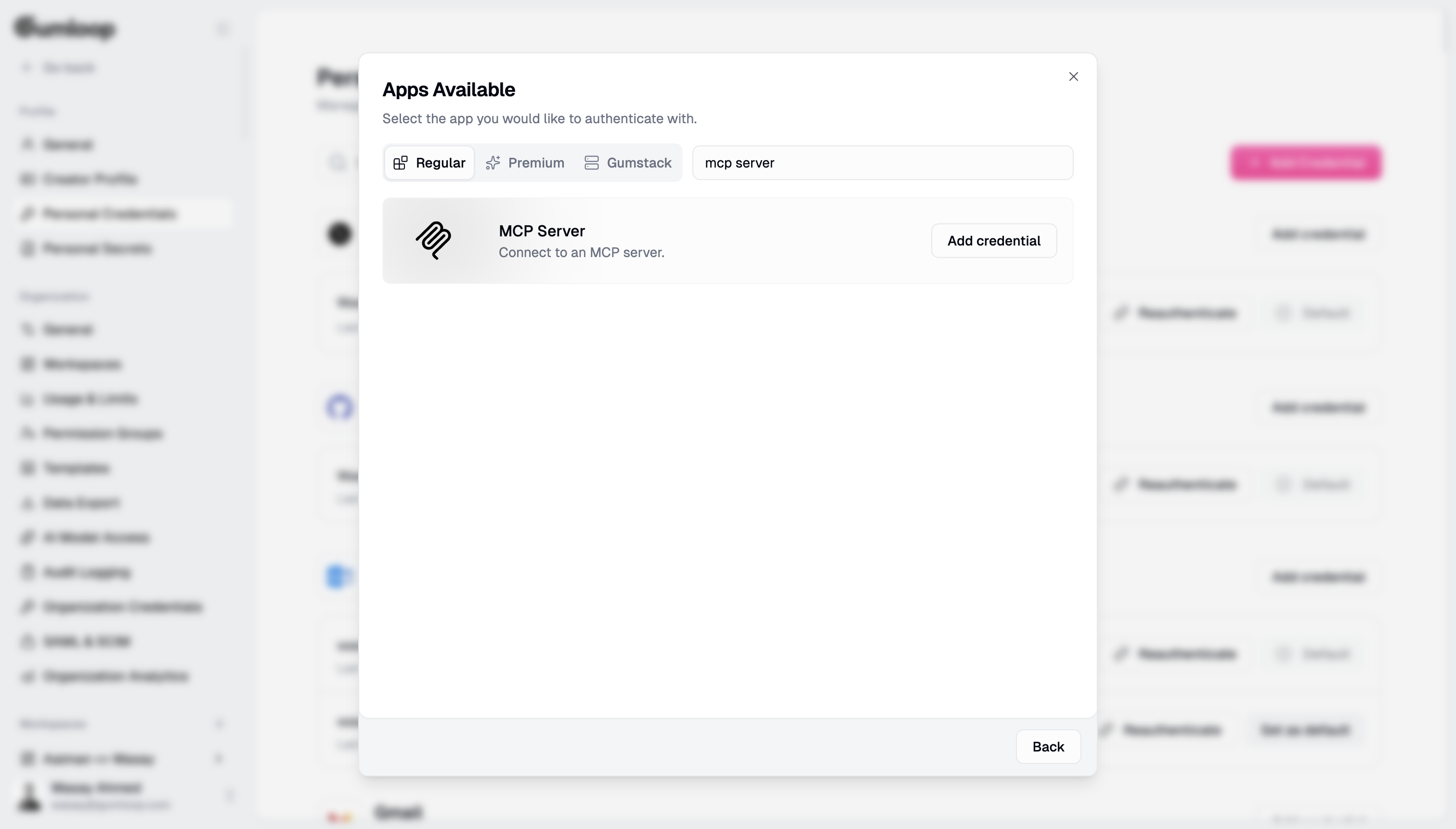 Apps Available modal showing MCP Server option