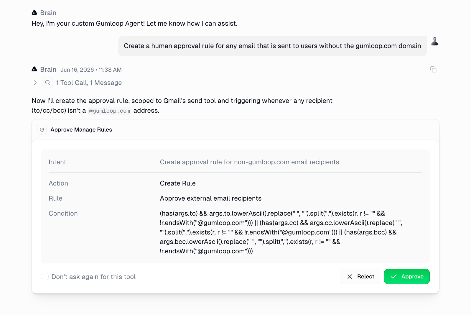 Agent creating a Gmail approval rule with a CEL condition that checks To/CC/BCC recipients for non-gumloop.com domains