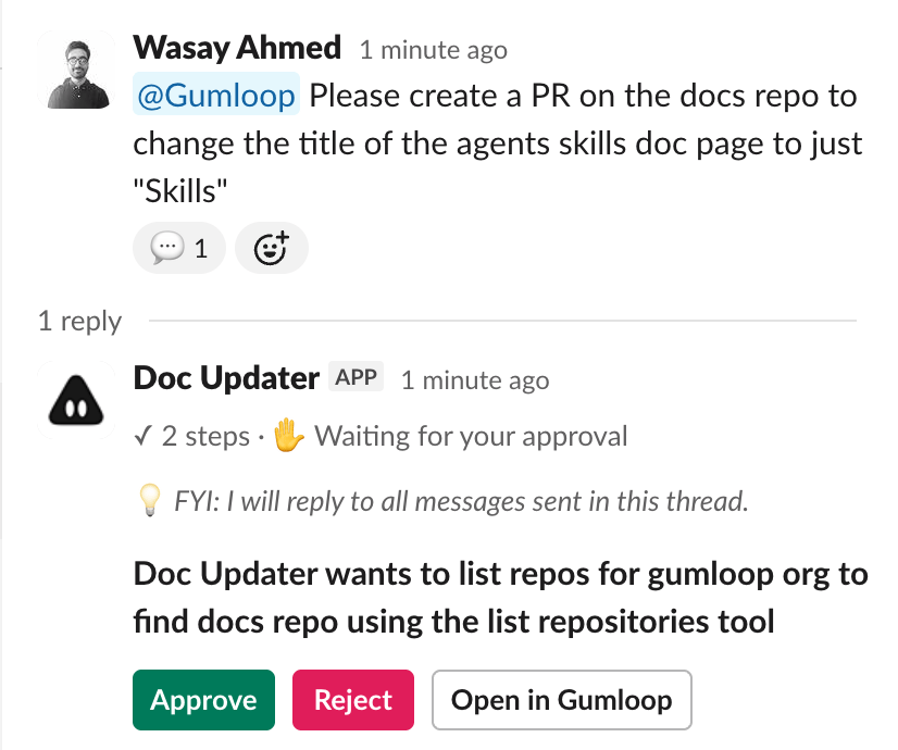 Slack thread showing an approval request with Approve, Reject, and Open in Gumloop buttons