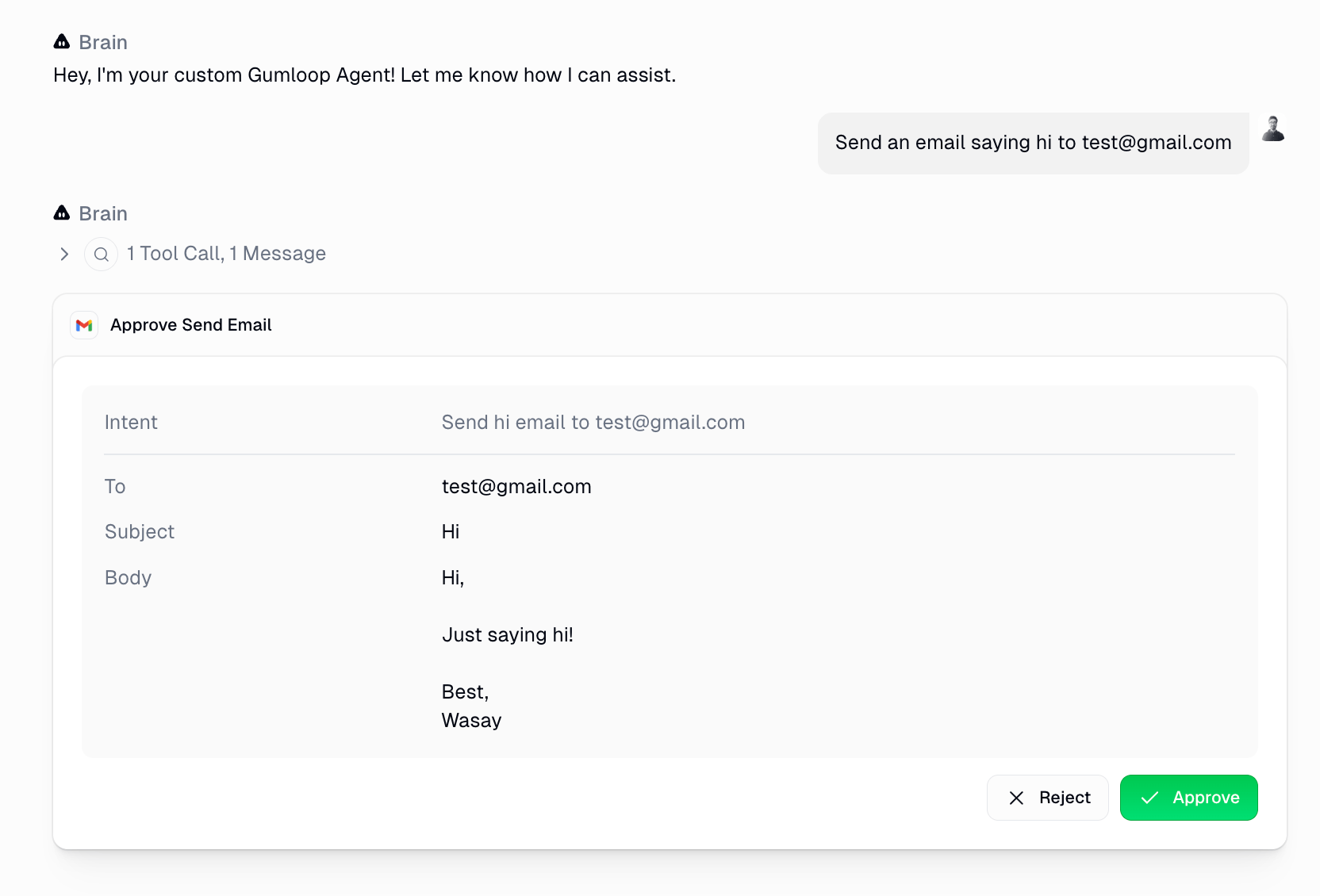 Approval card in the web chat showing an email send request with To, Subject, and Body fields, plus Reject and Approve buttons