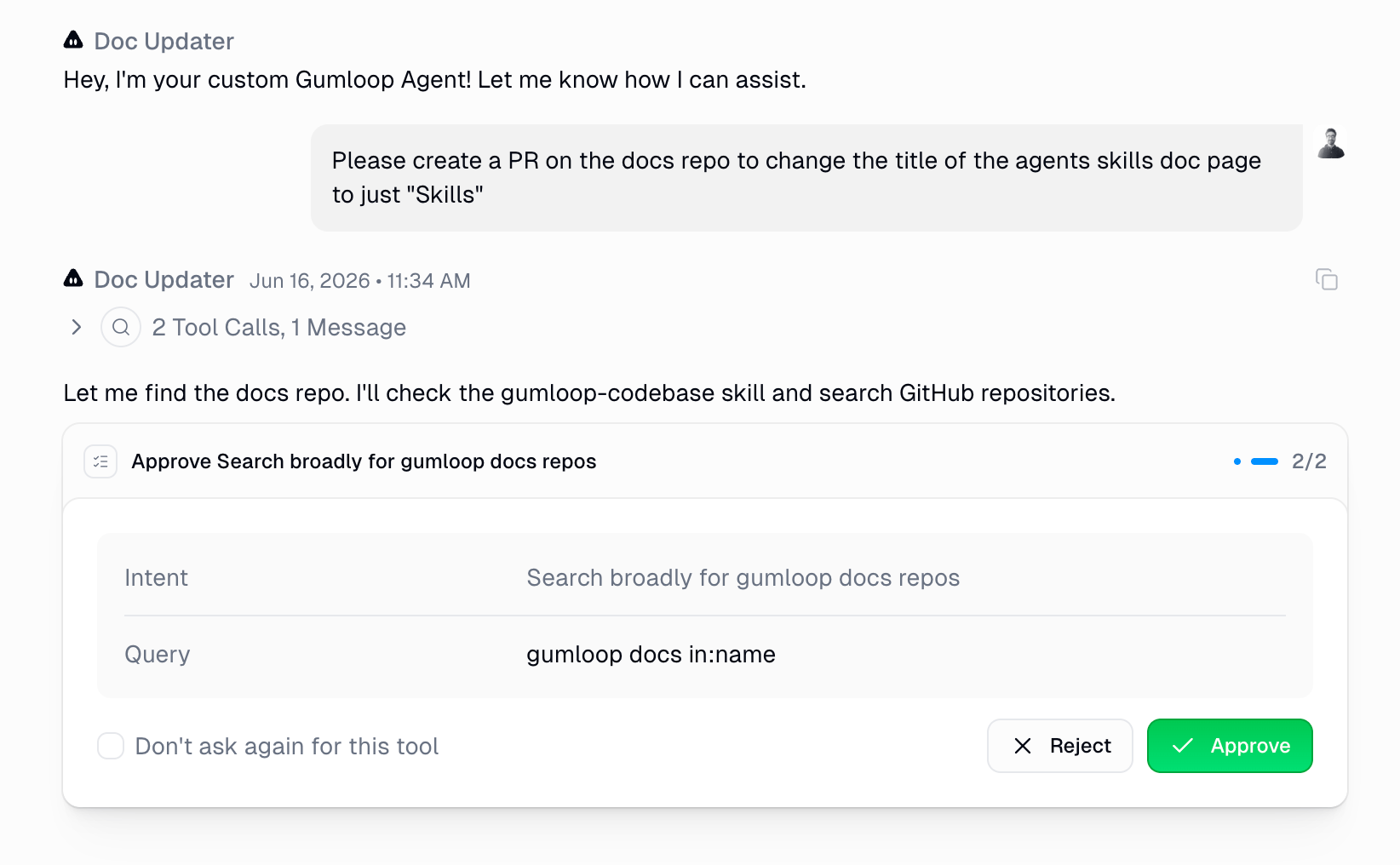 Approval card for a GitHub tool call showing the intent, query, and Don't ask again checkbox with Reject and Approve buttons