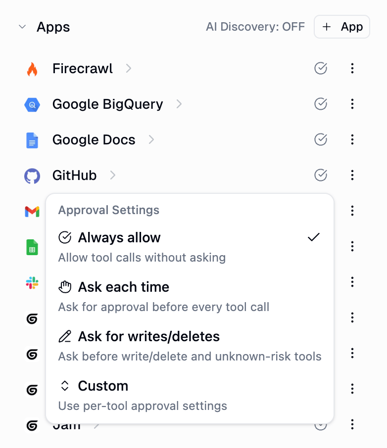 Approval Settings dropdown showing Always allow, Ask each time, Ask for writes/deletes, and Custom options